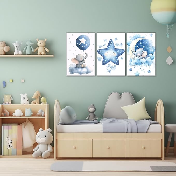 Nursery Canvas Wall Art Elephant Pictures Wall Decor Moon and Stars Painting Baby Boy Prints Cute Animal Poster Artwork for Kids Room Bathroom Decor Framed(Baby-1,24L x 36W x 3Pcs)