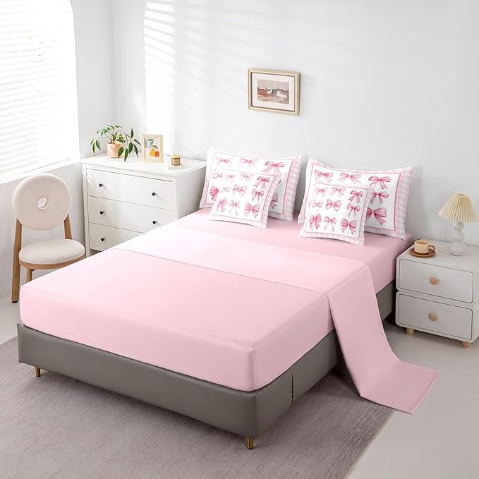 7 Pieces Pink Bowknot Kids Comforter Full,Geometric Plaids Grids Patchwork Fashion Bedding Set,Bow Tie Knot Princess Romantic Chic（Comforter+Fitted+Flat Sheet+2 Pillowcases+2 Throw Pillow Covers）