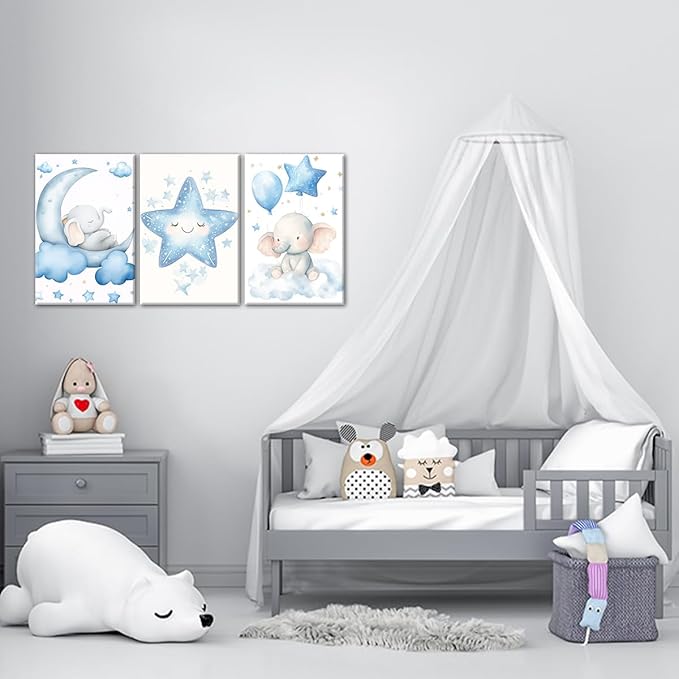 Nursery Wall Art Baby Boy Wall Decor Blue Elephant Moon and Stars Painting Prints Cute Animal Canvas Poster for Kids Room Decor Framed(Baby-2,12L x 16W x 3Pcs)