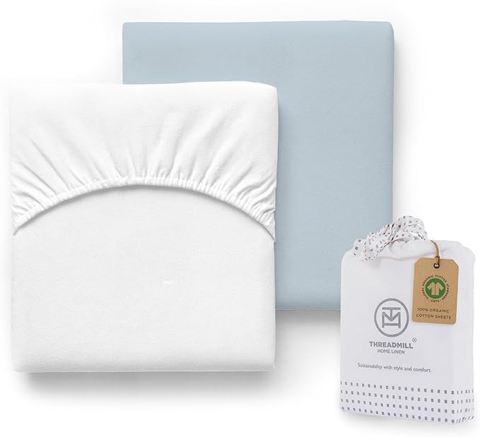 Threadmill Organic Baby Crib Sheets for Boys & Girls | 100% Organic Cotton Fitted Crib Sheet for Standard Crib Mattress | 2 Pack Unisex Cozy Toddler Sheets, Machine Washable | Blue & White