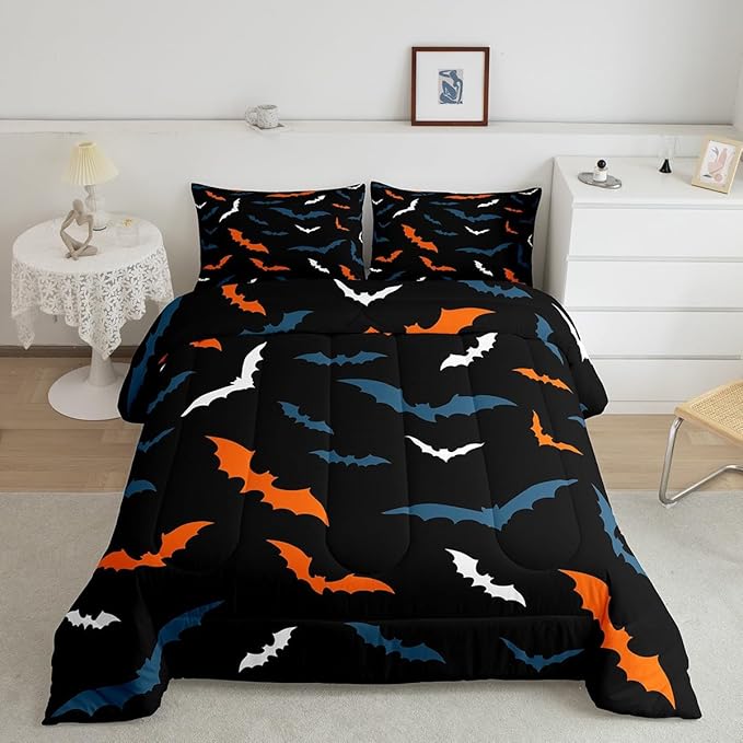 Erosebridal Bat Bedding Set for Kids Adults Boys Girls Happy Halloween Comforter Set Full Size Gothic Spooky Quilt Orange Bats Duvet Insert with 2 Pillow Cases