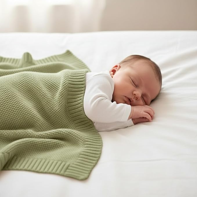 Baby Knit Blanket Soft Cotton Lightweight Newborn Blanket for Crib Stroller Toddler Nursery Shower Gift Cozy Breathable Travel Swaddle Wrap Sage Green 36 x 28 Inches