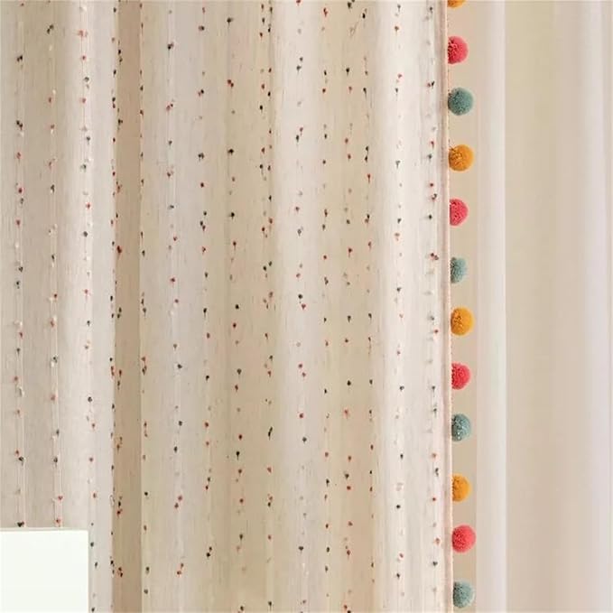 Boho Rainbow Sheer Curtain with Colorful Pom Pom Voile Drapes Light Filtering Faux Linen Stripe Pompom Rod Pocket Window Drapes for Boys/Girls Bedroom/Nursery 2 Panels (W78 X L102 Inch-2PCS,White)