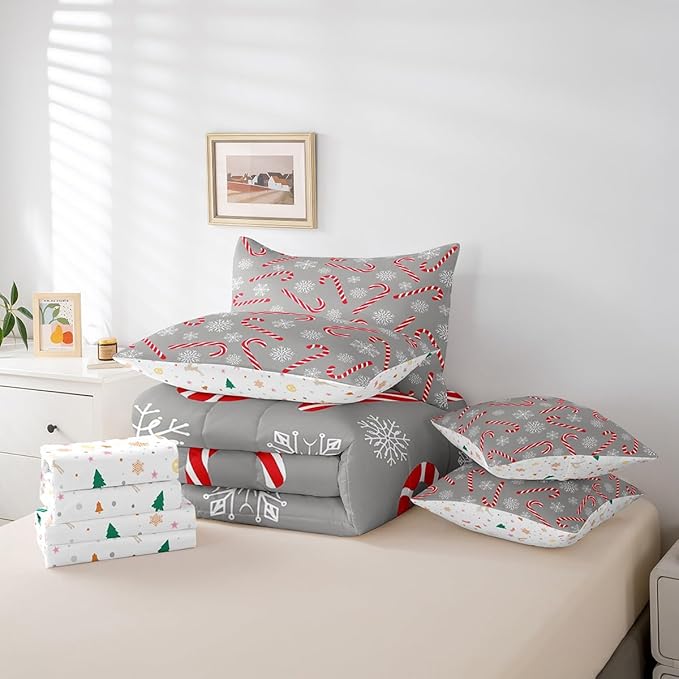 Erosebridal Xmas Candy Cane Twin Bedding Set 7 Piece,Merry Christmas Bed in A Bag for Kids Boys Girls,Winter Snowflake Comforter Set Grey Christmas Ornaments Sheet Set with Comforter