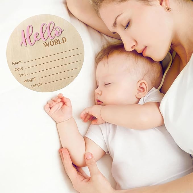 Baby Announcement Sign - 5.9 Inch Wooden Hello World Newborn Sign, Birth Announcement, Baby Shower Hospital Nursery for Newborn Boys and Girls (Pink)