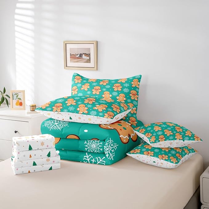 Erosebridal Christmas Gingerbread King Bedding Set 7 Piece,Cute Gingerbread Man Bed in A Bag for Kids,Xmas Snowflake Comforter Set Kawaii Christmas Sheet Set with Comforter,Green Christmas Decoration