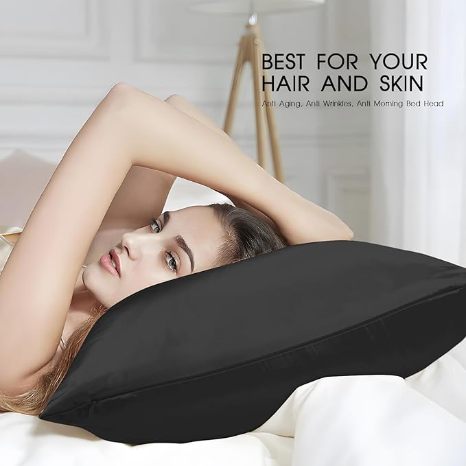 100% Mulberry Silk Pillowcase with Hidden Zipper,Both Sides Pure Silk Breathable Pillow Case for Hair and Skin,19 Momme Grade 6A,1pc,Black,Queen Size 20x30 Inches