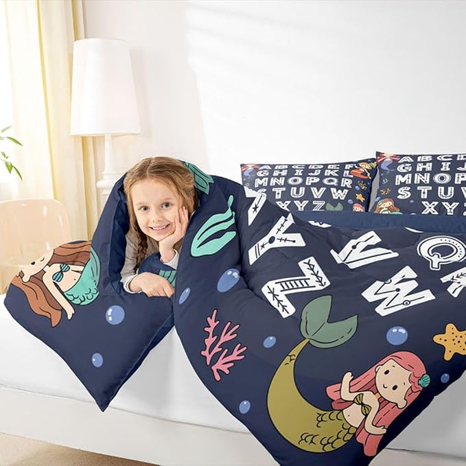 Feelyou Alphabet Kids ABC Learning Bedding Set for Boys Girls, Cute Mermaid Comforter Set Toddler Size Educational Nursery Art Duvet Quilt Microfiber Sealife Bedroom Decor 2 Pcs with 1 Pillow Cases