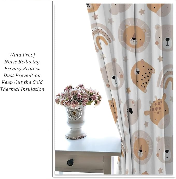 Cartoon Boho Animal Curtains,Funny Forest Safari Print,Cute African Wildlife Koala Giraffe Lion Leopard Bear Rainbow Blackout Window Drapes for Boys Girls Kids Baby Child Bedroom 72x63in