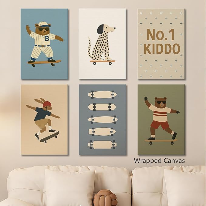 Skateboard Canvas Wall Art, Nursery Animal Sports Posters, Fashion Sunglasses Bear Athletes Pictures, No.1 Kiddo Inspirational Quote Print, Funny Skateboard Rabbit Dog Painting 16x24in Wrapped Canvas