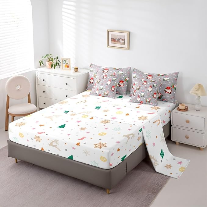Christmas Gnomes Comforter Set With Sheets 7 Piece King Size Cute Snowflakes Candy Bedding Set for Kids Boys Girls Grey Bed in a Bag Reversible Xmas Decor Room Decor Soft Lightweight Microfiber