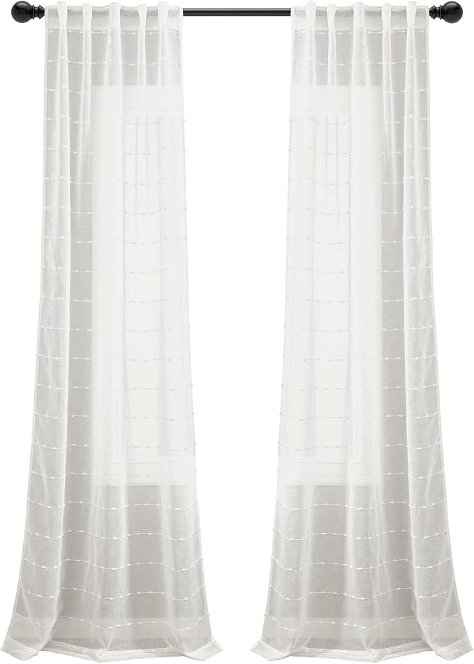 Lush Decor Farmhouse Textured Back Tab/Rod Pocket Sheer Window Curtain Panel Pair, 38"W x 84"L, White