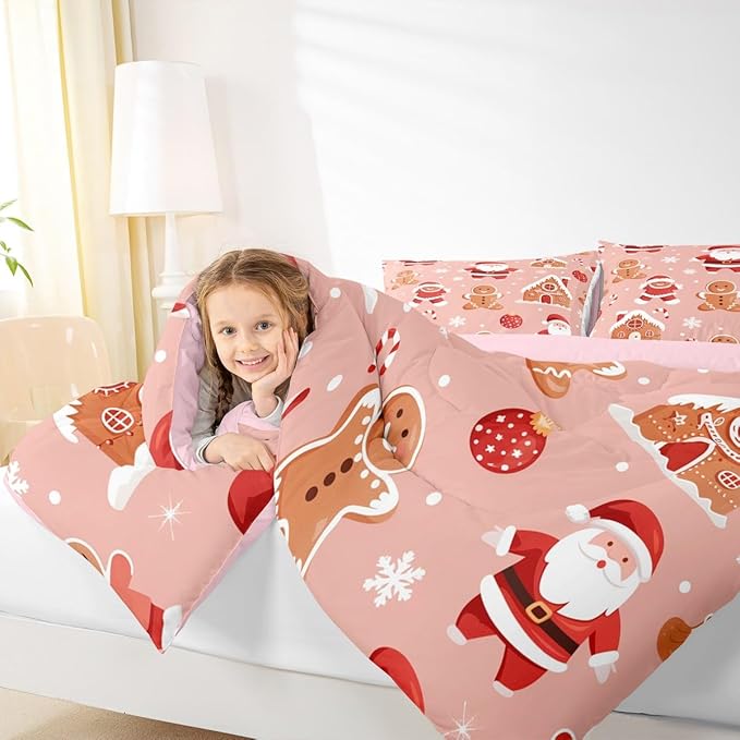 Feelyou Christmas Kids Comforter Set King Size Santa Bedding Set Gingerbread Man Duvet Quilt for Kids Boys Girls Bedroom Snowflake Decor Microfiber Ultra Soft Breathable