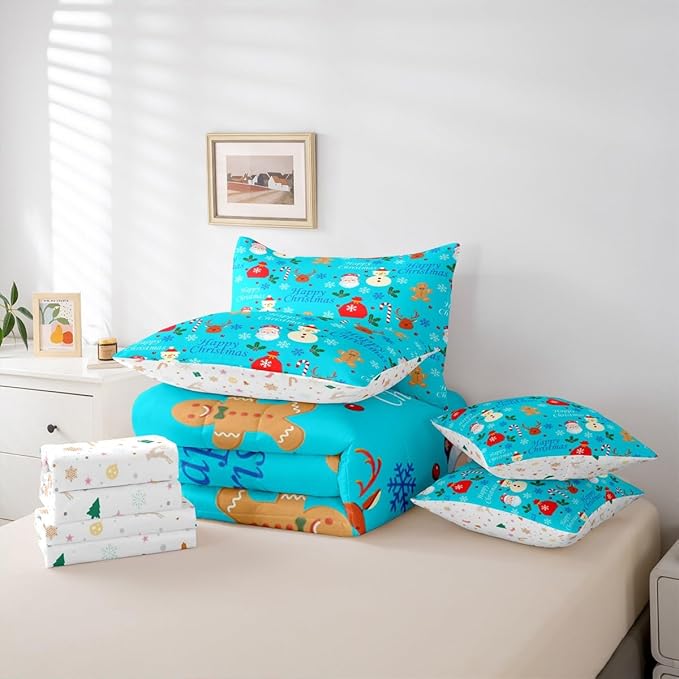 Christmas Deer Comforter Set With Sheets 7 Piece King Size Cute Gingerbread Man Bedding Set for Kids Boys Girls Christmas Santa Claus Bed in a Bag Reversible Xmas Decor Room Decor Soft Lightweight