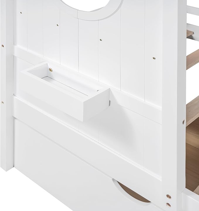 Linique Wooden Twin Size House Bed with 2 Drawers and Storage Shelf,Twin Platform Bed Frame with Pitched Roof,White