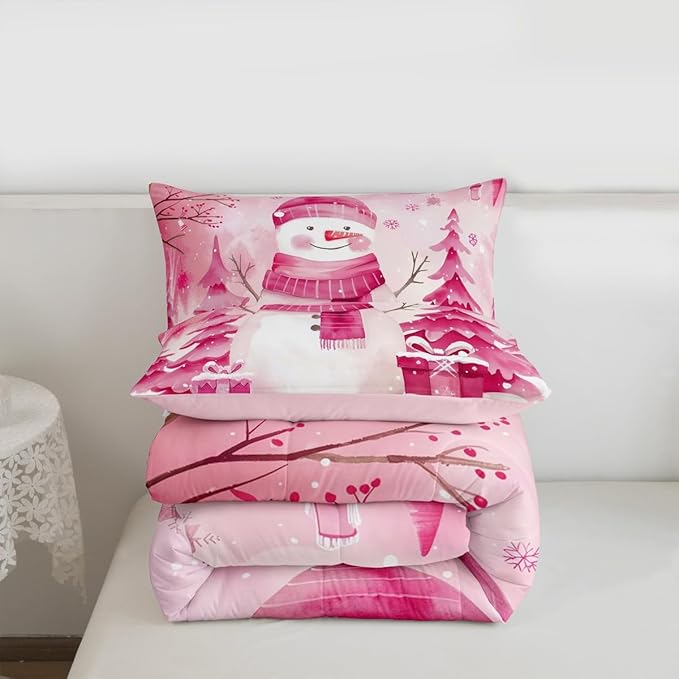 Feelyou Pink Christmas Comforter Set Toddler Size Snowman Bedding Set for Kids Boys Girls Cute Snowflake Duvet Quilt Merry Christmas Tree and Snowman Room Decor 2 Pcs with 1 Pillow Cases