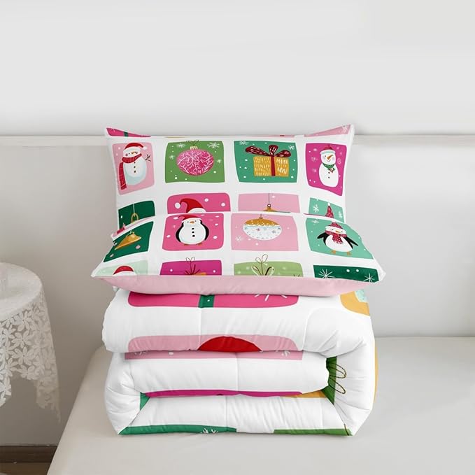 Feelyou Happy New Year Bedding Set Soft for Boys Girls, Christmas Decor Comforter Set Twin Size Merry Christmas Duvet Quilt Microfiber Winter Penguin Bedroom Decor 2 Pcs with 1 Pillow Cases