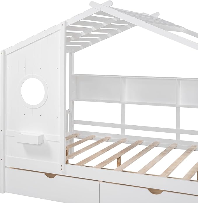 Full Size House Bed with 2 Drawers and Storage Shelf, Playhouse Design Solid Wood Kids Platform Bed Frame for Girls Boys, Decorable Daybed with Sturdy Slats Support, Space-Saving (AF-White)