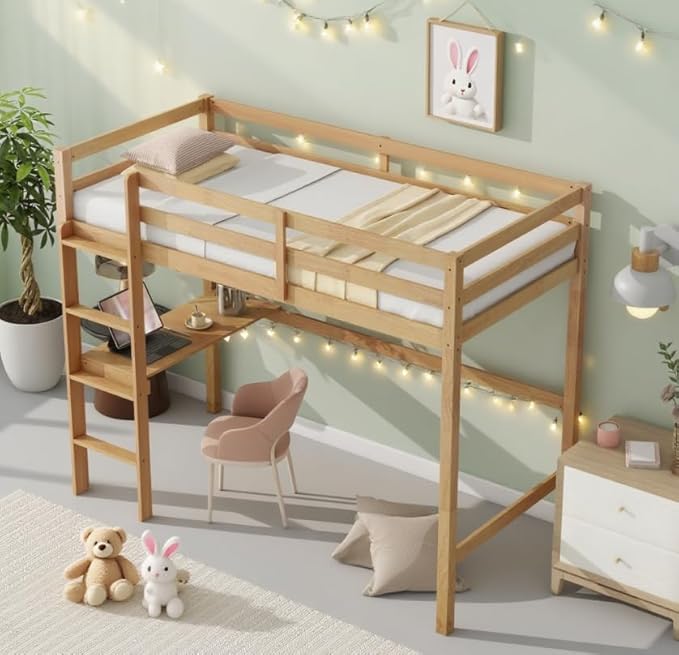 Bellemave Twin Loft Bed with Desk,Loft Bed for Kids, Boys, Girls,Wooden Loft Be Frame with Desk and Ladder, Natural