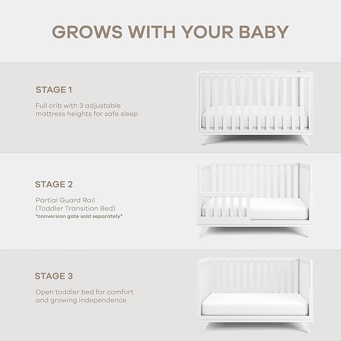Comfy Cubs Baby Crib for 0 to 3 Years - Adjustable Mattress Height, Natural Wooden Crib for Baby, Elegant Nursery Furniture - 80 lbs Capacity Nursery Bed, Designed in The US - All White