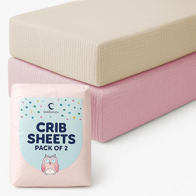 Muslin Crib Sheets for Baby Girl Large Size 52x28x9 inches 2 Pack Pink & Beige, Soft Breathable Muslin Fabric, Fits Standard Crib Mattress Sheet, Durable Baby Bed Sheets