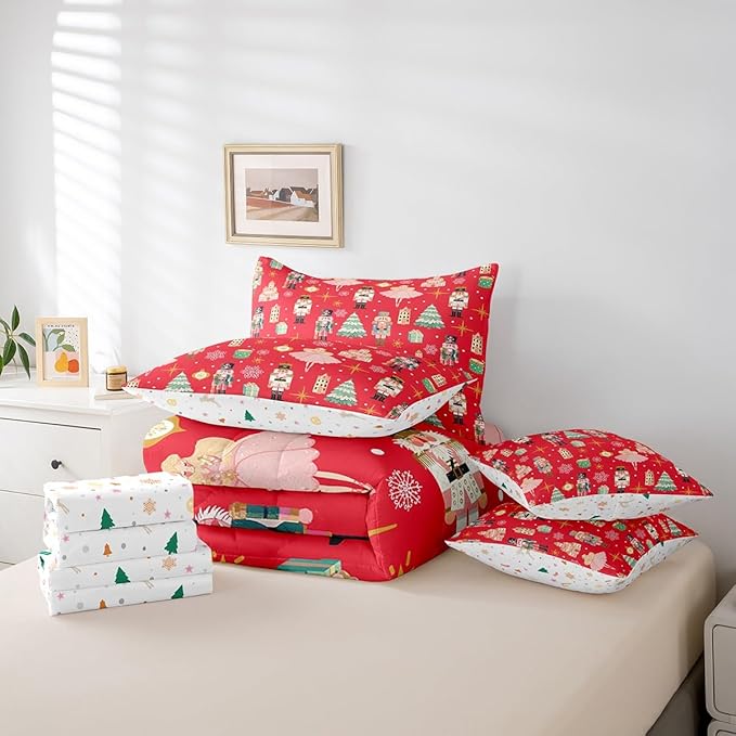 Erosebridal 7Pcs Red Christmas Comforter Set King Size,Christmas Nutcracker Bedding Set,Girly Dreamy Princess Bed in A Bag,Xmas Pine Tree Snowflake Quilt with Flat Fitted Sheet,Red