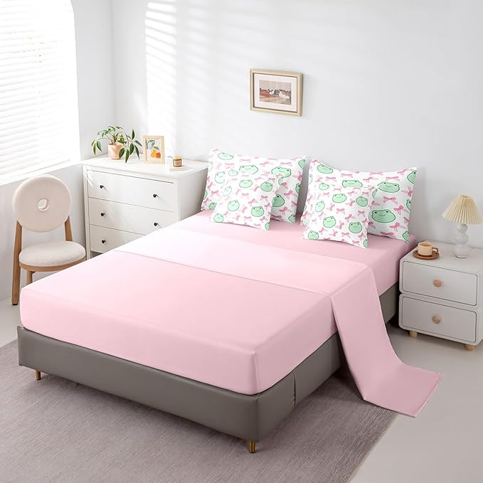 7 Pieces Pink Bowknot Comforter Set Queen,Cartoon Frog Bow Tie Butterfly Knot Princess Bedding Set,Geometric Patchwork Cute Sweet（Comforter+Fitted+Flat Sheet+2 Pillowcases+2 Throw Pillow Covers）