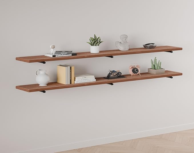 IEO Floating Shelves for Wall Shelf 72 inches Long 11.8" Extra Width Farmhouse Bathroom Decor Bedroom Kitchen Shelves Living Room Wall Mounted Set of 2, Rustic Brown Soild Wood