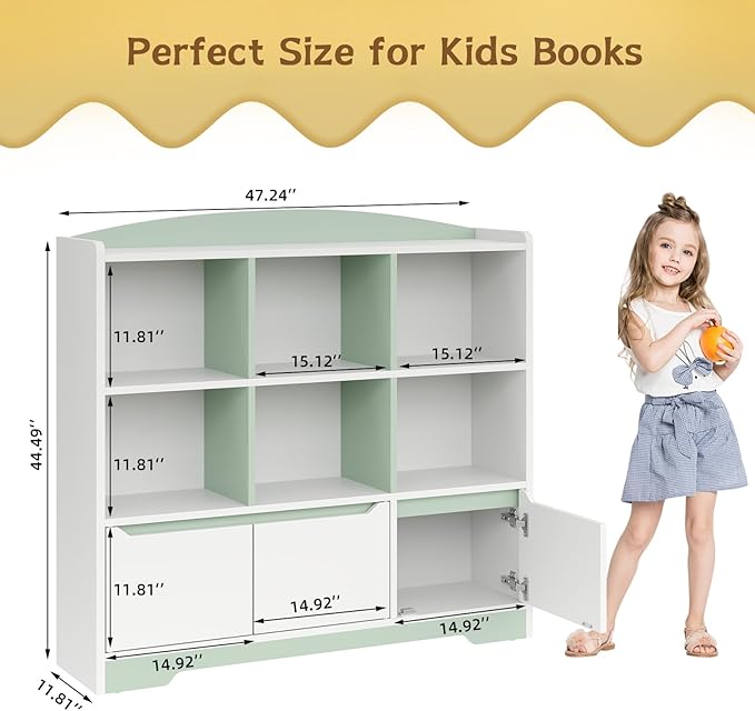 Kids Bookshelf and Toy Organizer, 2 Tier Kids Book Shelf for Kid Rooms with 2 Doors, 6 Cubes Storage Organizer,Wood Children Bookcase,Freestanding Toddler Book Display Shelf for Playroom WhiteGreen