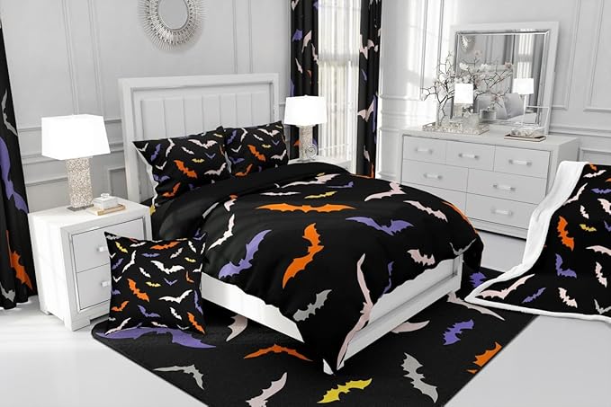 Erosebridal Bat Quilt Halloween Bedroom Decor Bedding Set Toddler Size for Kids Teens Adults Bedroom Purple Gothic Bat Comforter Set with 1 Pillow Case,Spooky Duvet Insert