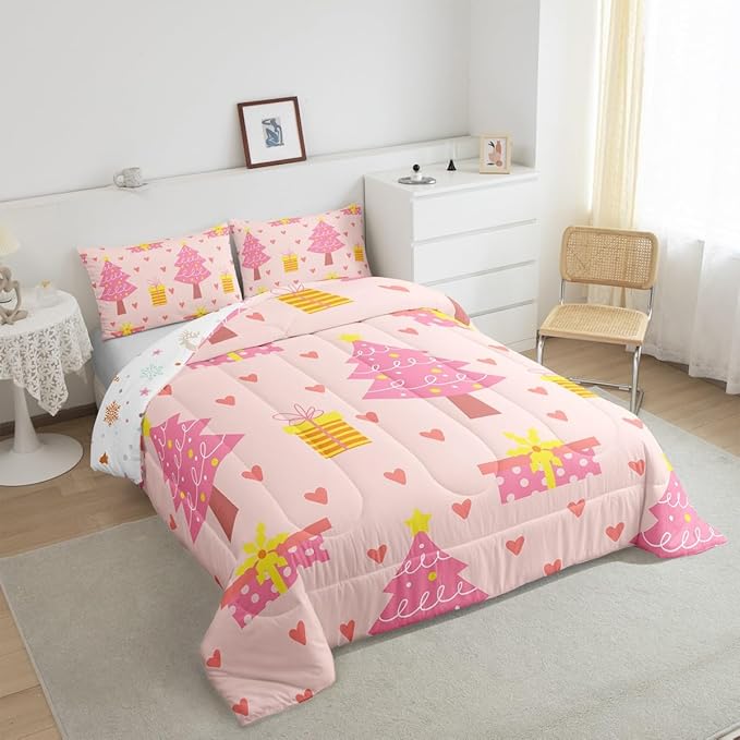 Erosebridal Merry Xmas Quilts Toddler Size Pink Christmas Tree Comforter Set Reversible Cartoon Style Bedding Set Happy New Year Duvet Insert for Boys Kids Bedroom Decor with 1 Pillow Case