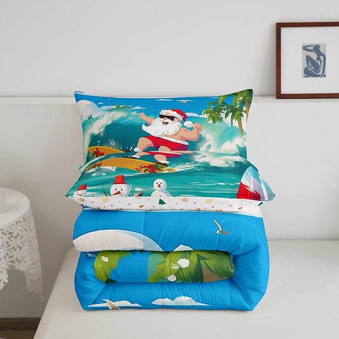 Manfei Christmas Comforter Set Twin Size, Santa Claus Surfing Theme Bedding Set for Kids Boy Girl Room Decor, Beach Snowman Down Comforter for All Season, Soft Polyester Quilt Set, 1 Pillowcase