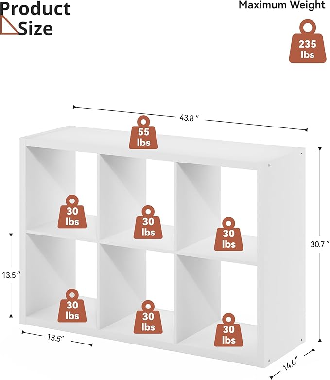 White Wooden 6 Cube Storage Organizer, White Tall Kid Book Shelf with 6 Cubby Storage Space, Kids Toys Organizer with 6 Cube Shelf for Playroom, Bedroom, Living Room, 14.6 × 43.8 × 30.7
