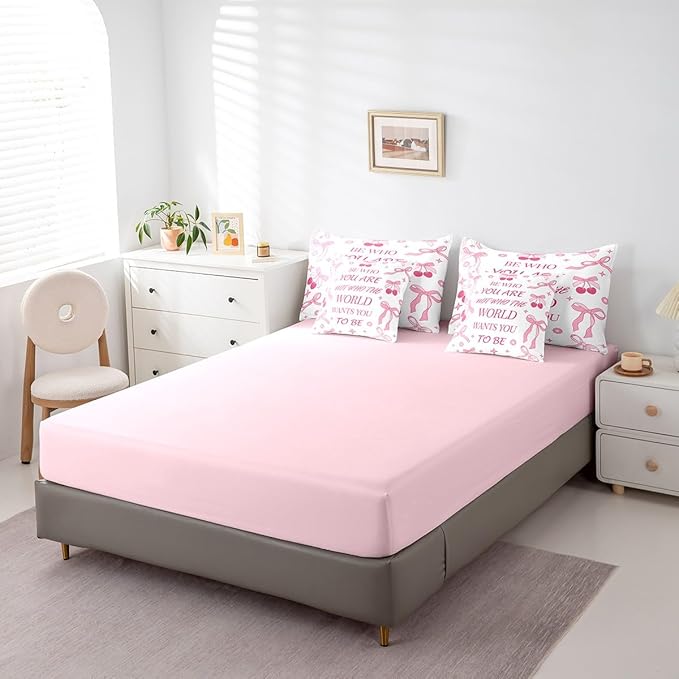 7 Pieces Pink Bowknot Kids Comforter Set Full,Cherry Tropical Fruit Cute Princess Bedding Set,Bow Tie Stars Daisy Floral Romantic（Comforter+Fitted+Flat Sheet+2 Pillowcases+2 Throw Pillow Covers）