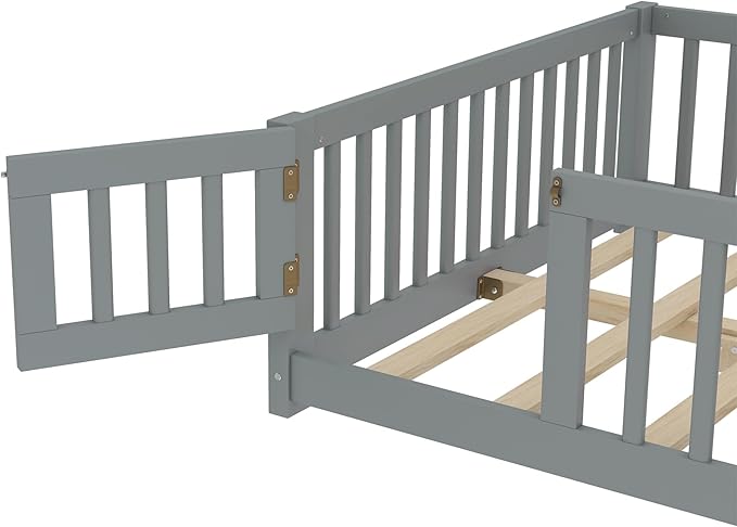 Bellemave Full Size Floor Bed Frame with Fence and Door for Kids, Montessori Floor Bed with Slats and Safety Guardrails,Solid Wood Full Bed Frame for Girls Boys,Grey