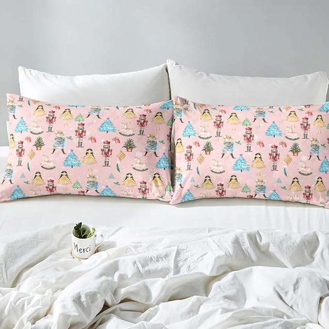 Christmas Nutcracker Decorative Comforter Cover Queen Size Cartoon Mouse Soldier Royal Guarder Princess Duvet Cover Xmas Pine Tree Snowflake Bedding Set Gifts for Kids Boys Girls 2 Pillow Cases Pink