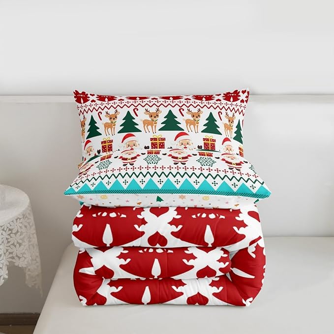 Feelyou Merry Christmas Bedding Set Soft for Boys Girls, Santa Claus Comforter Set Full Size Cute Deer Duvet Quilt Microfiber Snowflake Bedroom Decor 3 Pcs with 2 Pillow Cases