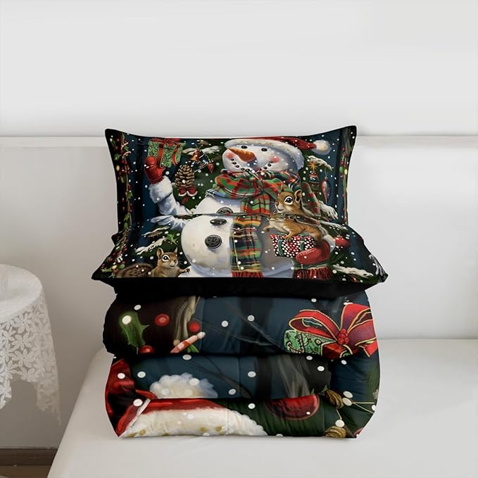 Feelyou Christmas Kids Comforter Set Twin Size Snowman Squirrel Bedding Set Snowflake Gift Duvet Quilt for Kids Boys Girls Bedroom Branch Berry Decor Microfiber Ultra Soft Breathable