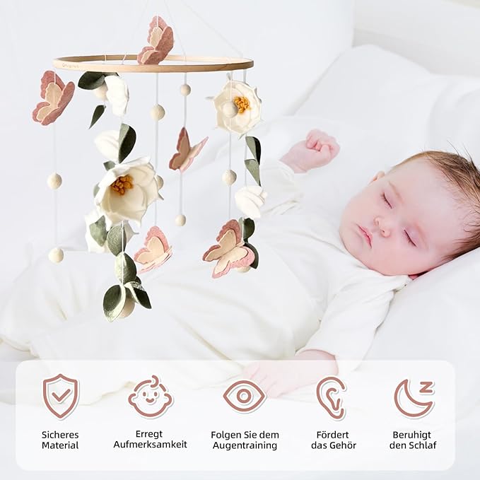 Floral Baby Mobile Nursery Decor Felt Flowers Butterflies Baby Mobile for Crib Boys Girls Boho Style Neutral Baby Gift Hanging for Nursery Decor Accessories