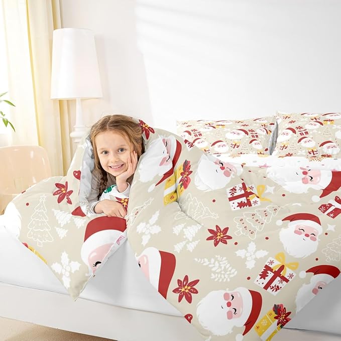 jejeloiu Santa Claus Comforter Set Full Size Merry Christmas Bedding Set for Kids Boys Girls Xmas Themed Duvet Quilt Beige Bedroom Decor