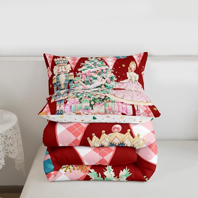 jejeloiu Christmas Nutcracker Comforter Set Twin Size Gingerbread Man Bedding Set for Kids Boys Girls Xmas Tree Duvet Quilt Red Bedroom Decor