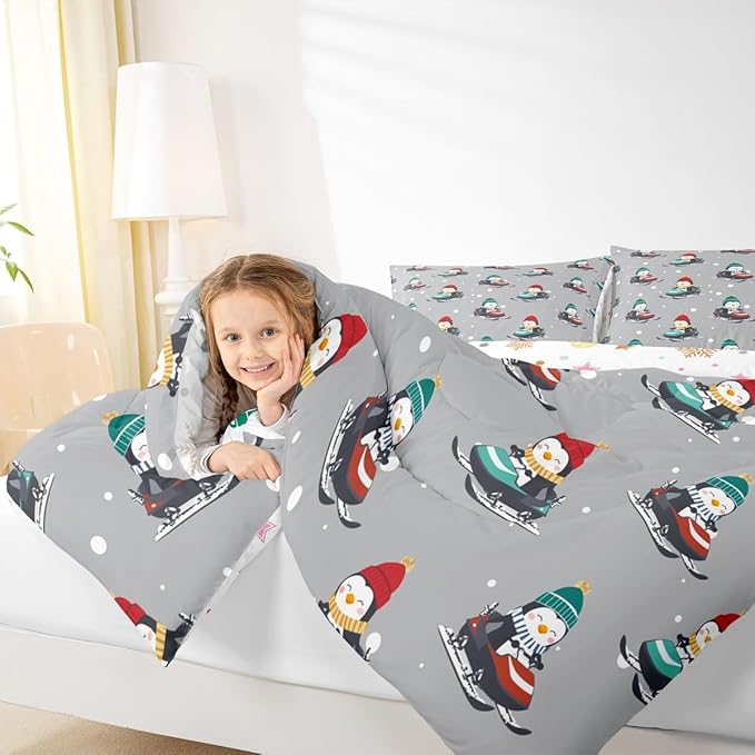 Feelyou Christmas Comforter Set All Season Gray Penguin Bedding Set with 2 Pillow Cases Cartoon Penguin Skiing Microfiber Kids King Bedclothes Snowflake Bedroom Decor Duvet Quilt Breathable Soft