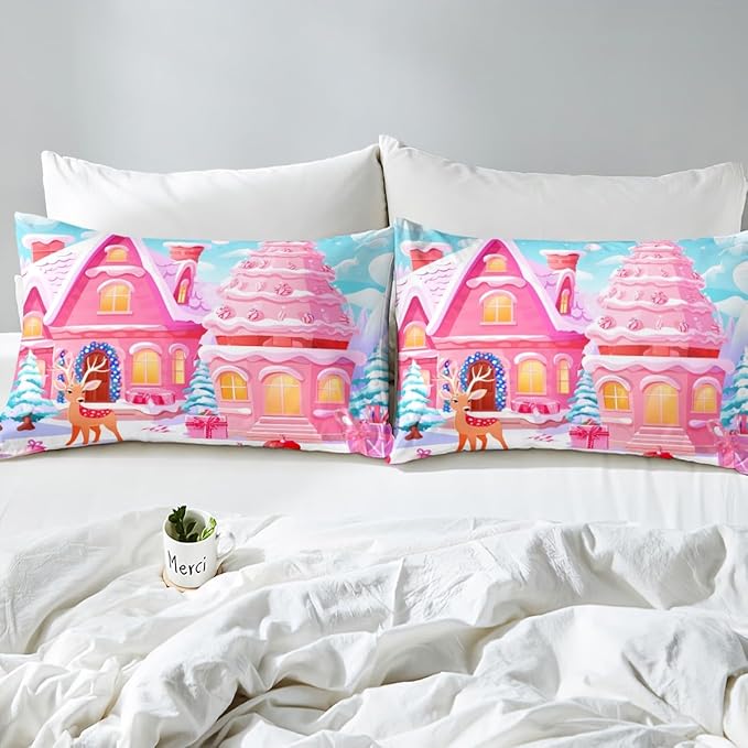 Feelyou Christmas Pink Comforter Cover Set Cute Deer Print Bedding Set Queen Size for Kids Boys Girls Bedroom Bed Decor Xmas Christmas Duvet Cover Soft Bedspread Cover,No Comforter