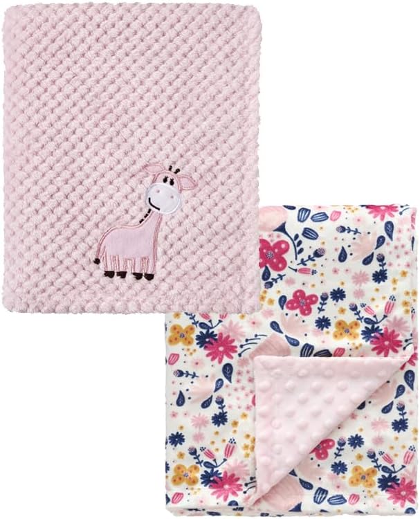 CREVENT 2Pcs 30''X40'' Cute Cozy Fluffy Warm Baby Blankets for Infants Toddlers' Bedding Crib Cot Stroller - Giraffe + Flower