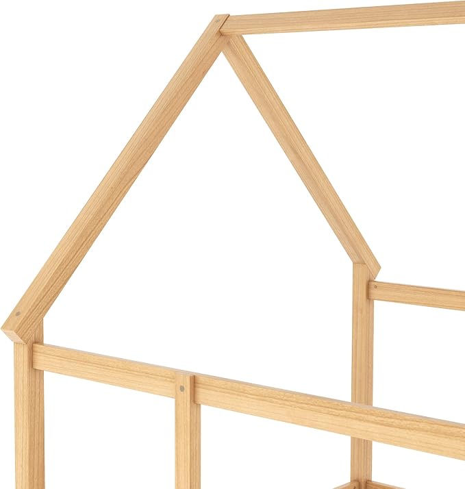Full Size House Bed with High Fence for Kids,Full Floor Bed Frame, Kids Montessori Bed Full Size,Solid Wood House Bed Frame for Boys,Girls,Natural