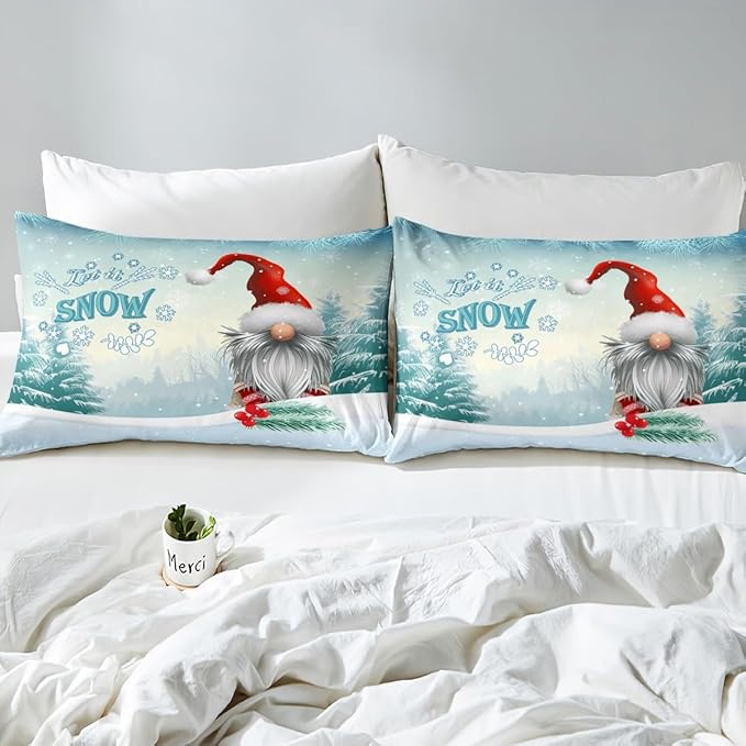 Manfei Winter Duvet Cover Set Queen Size, Christmas Gnomes Bedding Set 3pcs for Kids Boys Girls Bedroom Decor, White Snowflake and Trees Print Xmas Comforter Cover with 2 Pillowcases,No Comforter