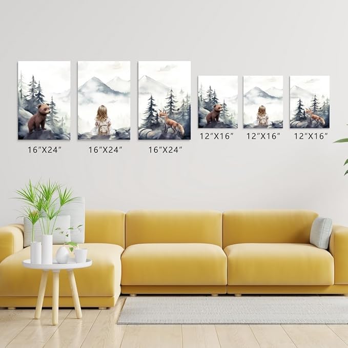 Baby Girl With Animals Adventure Nursery Wall Art, Adventure Toddler Decor, Outdoor Woodland Nursery Wall Decor for Girl's Bedroom, Mountain Forest Landscape Kid Art Print, Framed Set of 3, 16"x24"x3