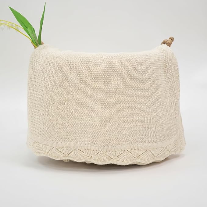 Baby Knit Blanket Soft Breathable Cotton Scallop Border Blankets Newborn Knitted Blanket Swaddle Blankets Gifts for Baby Newborn Toddler Shower Boy Girl New Mom Birthday Christmas Cream 30x30
