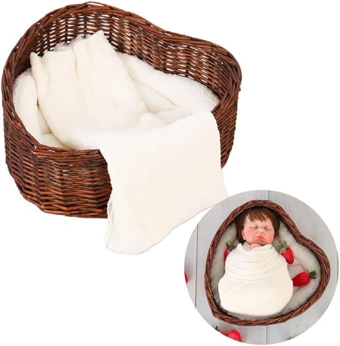 Kate Newborn Photography Props Brown Heart Shaped Rattan Basket Handcrafted Baby Basket Bed Set for Baby Photography Photoshoot