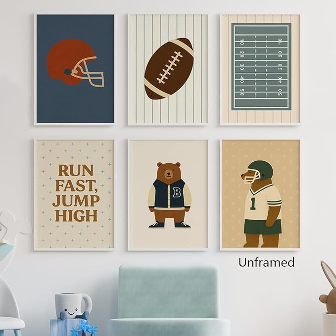 Football Poster Canvas, Baby Boy Sports Nursery Wall Art, Animal Bear Athletes Pictures, Run Fast Jump High Charming Quote Print, Kids Bedroom Soccer Equipment & Field Decor 12x16in Wrapped Canvas